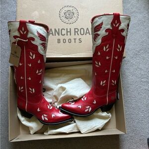Red and white boots with flower and butterfly detailing. Size 8 ranch road boots